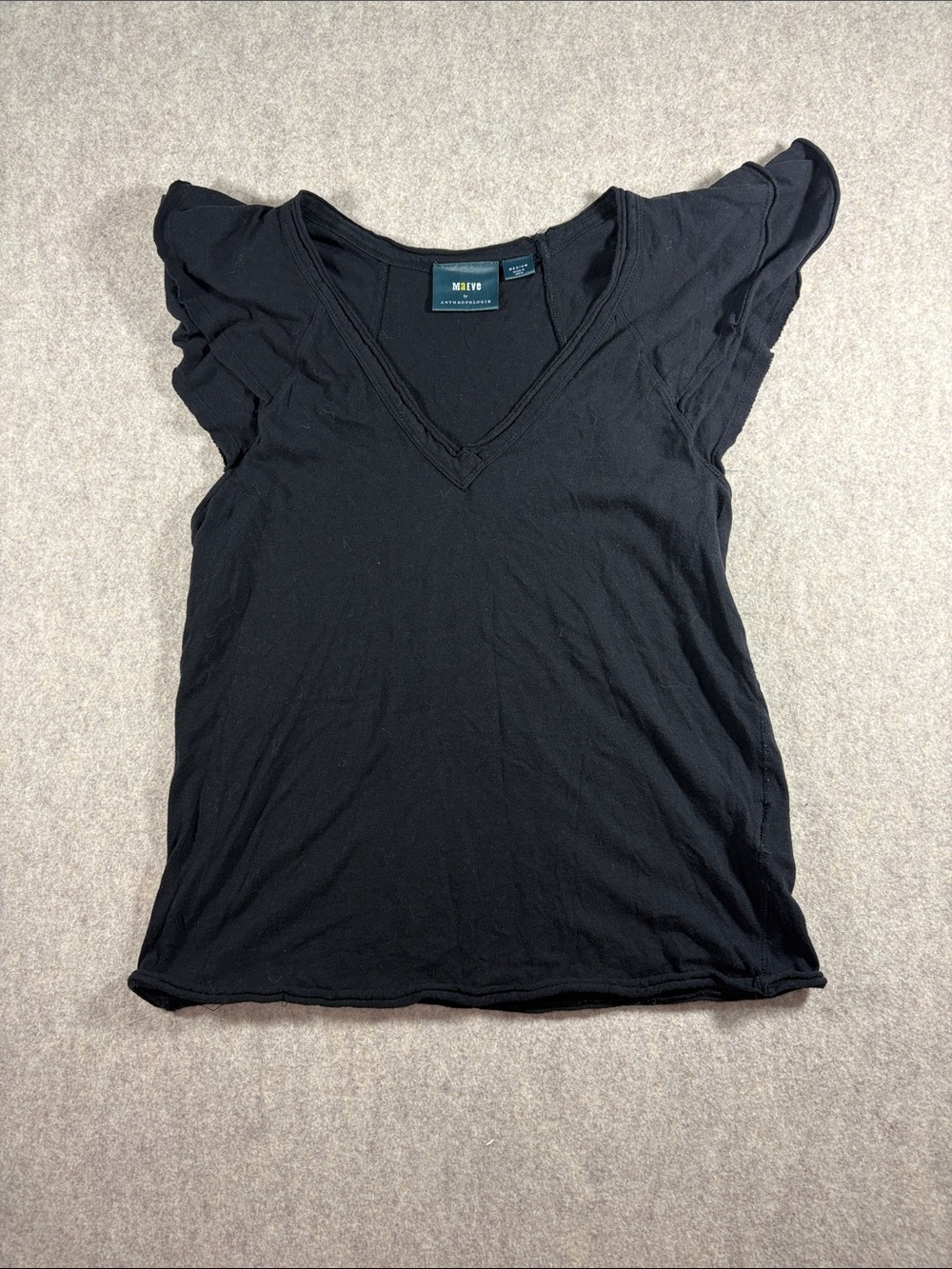 Anthropologie Maeve Black Ruffle Sleeve V-Neck Top Medium EUC